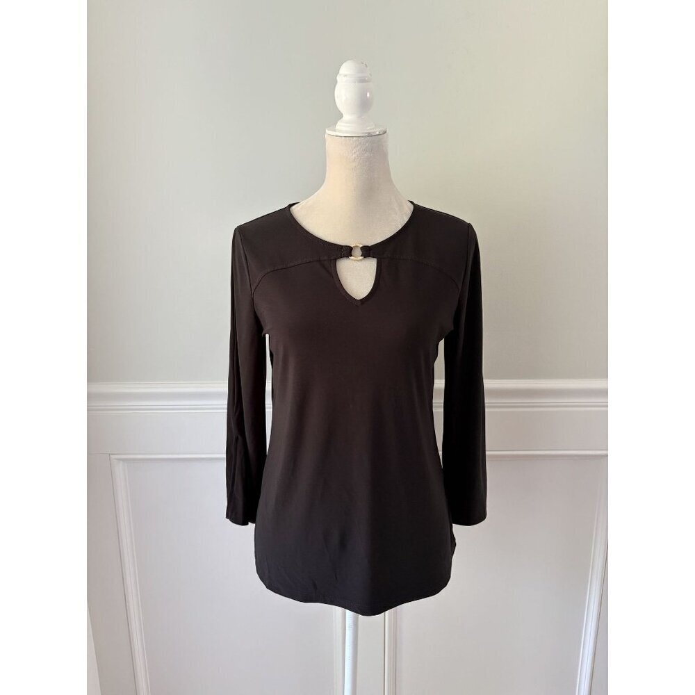 Nine West Black Keyhole Gold Emblem Long Sleeve Top Size S